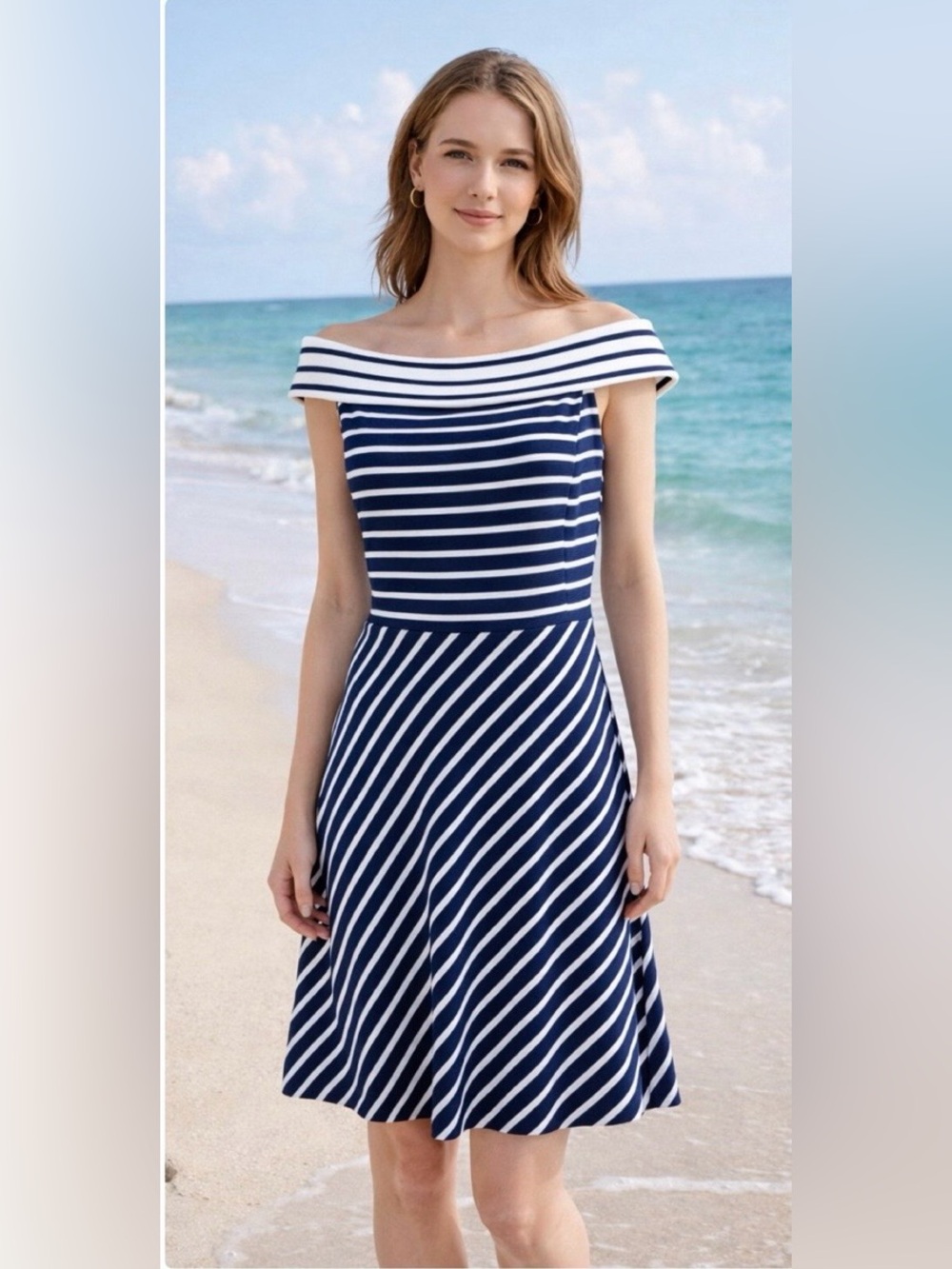 Vineyard Vines Navy and White One-Shoulder Striped Fit & Flare Dress